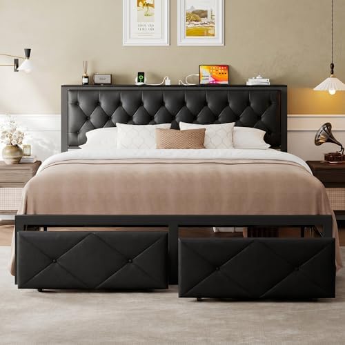 Einhomn King Bed Frame with Storage Drawer, Metal Platform Bed with Charging Station, Upholstered Faux Leather Button Tufted Storage Headboard, No Box Spring Needed, Noise-Free, Easy Assembly, Black