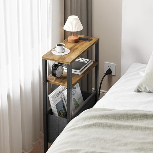 Narrow Side Table with Charging Station Slim End Table Sofa with Magazine Rack, Bedside Table for Small Spaces, 3 Tier Nightstand for Living Room Couch, Bedroom Walnut Brown LET503BRE