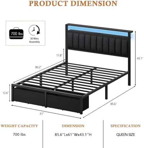 Furnulem Queen Bed Frame with Storage Drawers and Upholstered Headboard