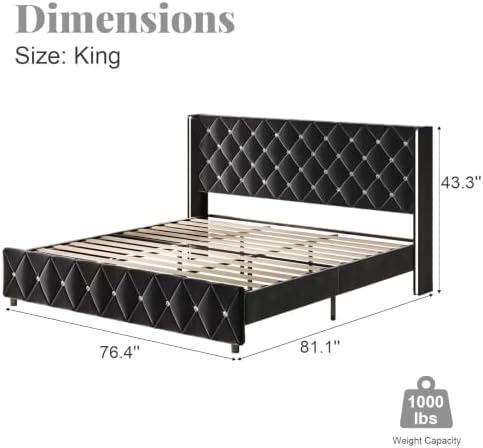 HOMBCK King Bed Frame with Velvet Headboard, Silverside Wingback, Black