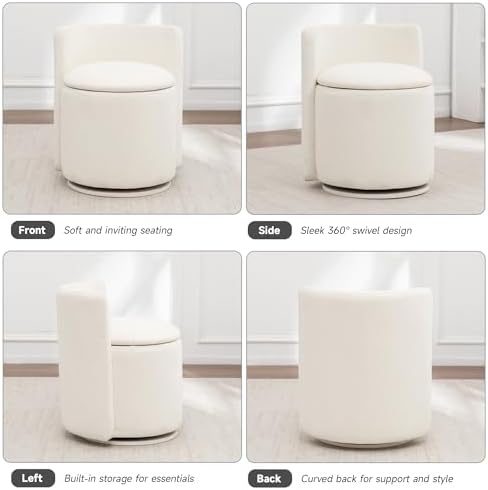 MINCETA Vanity Chair with Storage, 360° Swivel Accent Chair, Off White