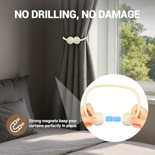 Hion Magnetic Curtain Tiebacks Beige 6pcs, Curtain Holdbacks Hooks Holders