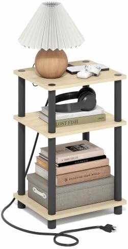 Furinno Just 3-Tier Night Stand with Charging Station, Natural Oak
