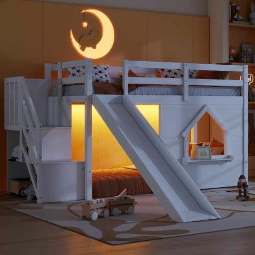Bellemave Twin Low loft/bunk Bed with Slide and Storage Staircase LED for Kids,Wood Loft Beds,White