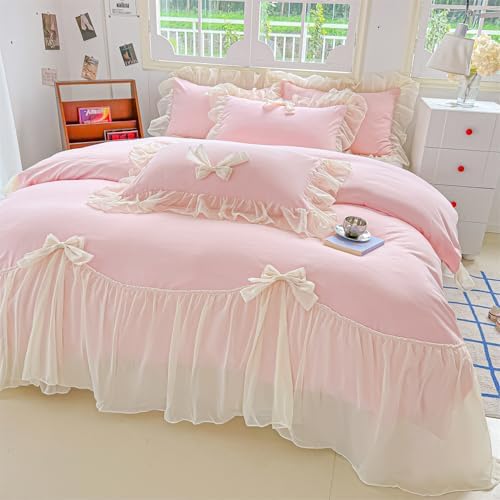 SOUKECHY Girls Lace Bedding,Pink Full Comforter Cover Set, Chic Ruffled Duvet Cover with Lovely Bow,Princess Style 1 Duvet Cover with 2 Pillowcases, No Comforter-Pink,Full Size