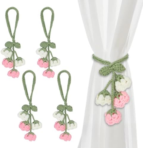 Flower Curtain Tiebacks, 4pcs Lily-of-The-Valley Curtains Holdbacks, Cute Curtain Holdbacks - No Drill Rope Holder, Drape Knitting Handmade for Nursery&Children's Room Decor (Pinkish/White)