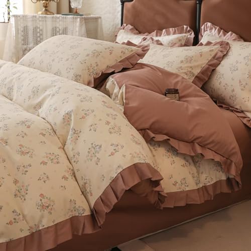 Twin Size Flower Print Duvet Covers with Pale Pink Ruffles Soft Vintage 100% Cotton Comforter Cover Set for Girls Kids,3 Pieces,Includes 1 Duvet Cover& 2 Pillowcases