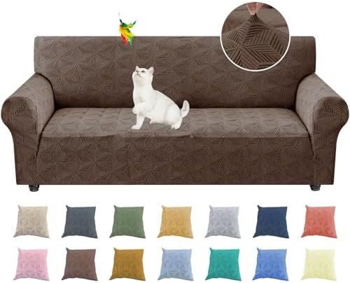 YEMYHOM 1 Piece Stretch Couch Covers for 3 Cushion Couch, Jacquard Sofa Cover with Non-Slip Elastic Bottom, Thickened Slipcover Furniture Protector for Dogs Pets (Large, Brown）