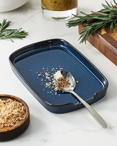 ABRUTY Spoon Rest for Stove Top, Ceramic Spoon Holder for Counter, Modern Farmhouse Decor Accessories for Spatula, Spoons or Tongs, Rectangular, Flambe Blue