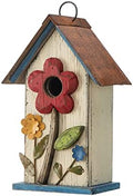 Glitzhome Bird House for Outdoor Hanging, 10.2" H Garden Decorative Birdhouse Pet Cottage Distressed Wooden Bird House for Outside, Bird Nest Box for Bluebird Wren Chickadee Sparrow, Flower White