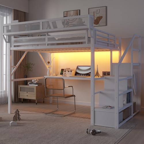 Queen Size Metal Loft Bed Frame with Desk, Staircase, Built-in Storage Shelves and Wardrobe, Modern Loft Bed with Solid Slat, Guardrail, No Box Spring Required, Easy Assembly, for Bedroom, White