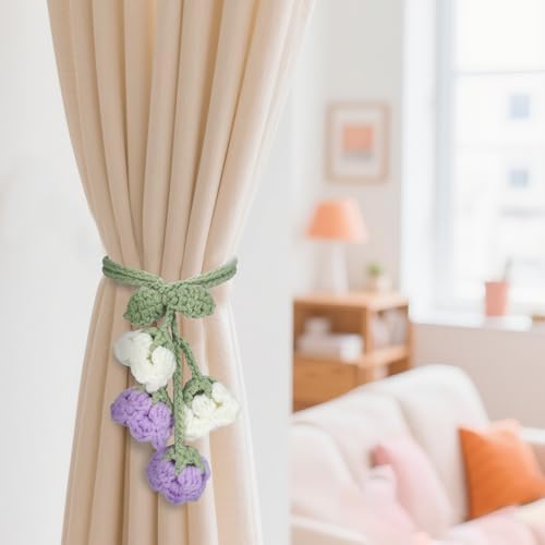 Flower Curtain Tiebacks, 4pcs Lily-of-The-Valley Curtains Holdbacks, Cute Curtain Holdbacks - No Drill Rope Holder, Drape Knitting Handmade for Nursery&Children's Room Decor (Purple/White)