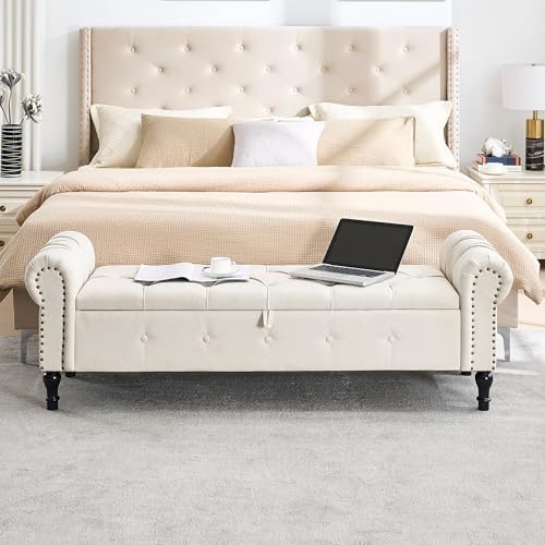 Storage Bench 67" Linen End of Bed Benches Beige