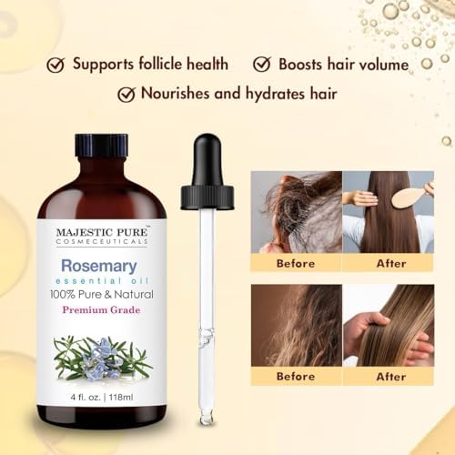 Majestic Pure Essential Oil with Glass Dropper - 100% Pure and Natural - Essential Oils for Diffuser, Aromatherapy, Soap and Candle Making, Rosemary Essential Oil, Rosemary Oil, 4 Fl Oz (Pack of 2)