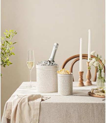 Kitchen Utensil Holder Set of 2, 7"+5.2" Inches Large Ceramic Utensil Holder for Countertop, Lace Emboss Cooking Utensil Crocks for Kitchen, Home Decor, Off-White