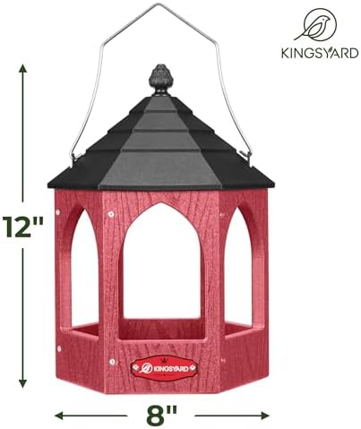 Kingsyard Platform Bird Feeder for Outdoor Hanging - Gazebo Style Recycled Plastic Wild Bird Feeding Station with Rain-Proof Roof & Metal Mesh Tray. Red
