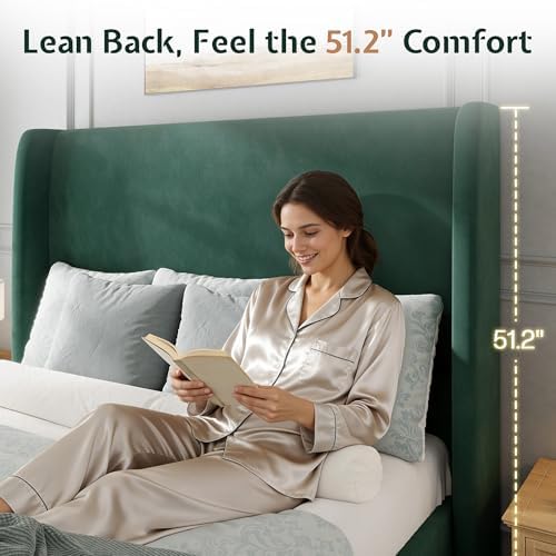 Jocisland King Size Bed Frame Tall Wingback Headboard Upholstered, Green
