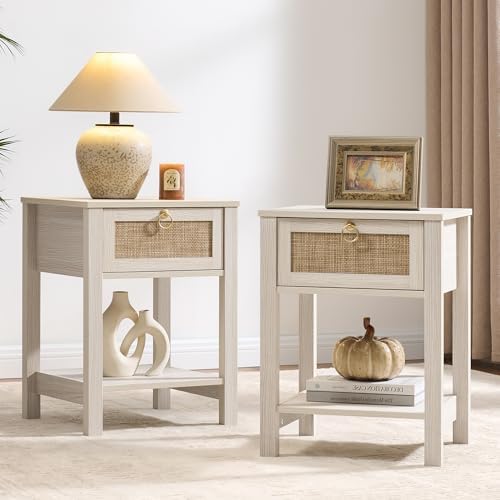SICOTAS White Rattan Nightstand Set of 2 with Storage Shelf, Bedside Tables