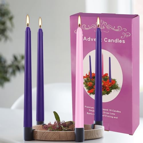 YOROXRG 16 Pack Advent Taper Candles Premium Hand Dipped 10in Unscented Christmas Taper Candles - Ideal for Seasonal Celebrations, Holidays, Church, Celebration, Party
