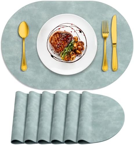 ADRIMER Oval Placemats Set of 6, Wipeable Faux Leather, Light Blue
