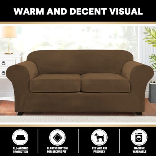 PrinceDeco Couch Cover Velvet Plush Sofa Covers for 2 Cushion Couch Width Up to 90 Inch Washable Furniture Protector Pet Friendly No Slip Sofa Slipcover(Medium-Large, Bronze Brown)
