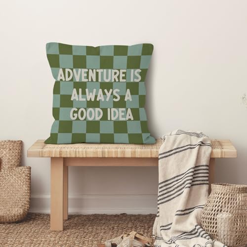 Adventure Nursery Throw Pillow Cover 18x18, Green Checkered Boy Nursery Decorative Pillow Covers for Kids Toddler Little Boys Room Bedroom Playroom, Playroom Accent Pillows Cover Pillowcases