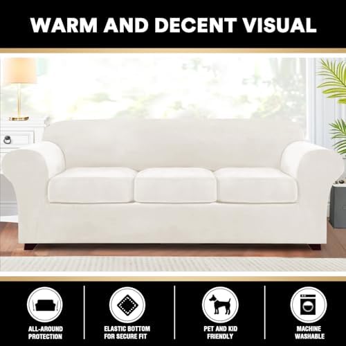 PrinceDeco Velvet XL Couch Cover for Oversized Sofa 4 Piece Sofa Covers for 3 Cushion Couch Washable Furniture Protector with Non Slip Elastic Bottom Width Up to 105 Inch(X-Large, Porcelain)