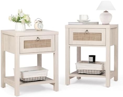 VOWNER Rattan Nightstands Set of 2 - Farmhouse Bedside Table Night Stand with Drawer and Storage Shelf, Boho End Side Table for Bedroom, Mesitas De Noche para Dormitorio, Light Oak