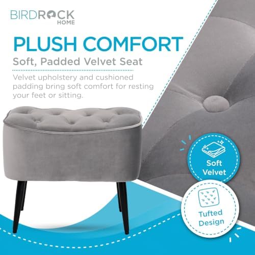 BIRDROCK HOME Tufted Curve Ottoman Velvet Foot Stool - Modern Upholstered Padded Footrest for Living Room or Bedroom - Small Cushioned Accent Chair for Couch, Sofa, or Large Seating (Grey)