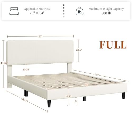 Yaheetech Full Bed Frame, Adjustable Chenille Upholstered Headboard, Beige