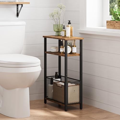 MMEOLUOOK Narrow Side Table with Storage Basket Skinny End Tables for Smalls Spaces 3 Tier Sofa Table Small Nightstand Slim Bedside Table for Living Room Bedroom Rustic Brown MLBZ22RB