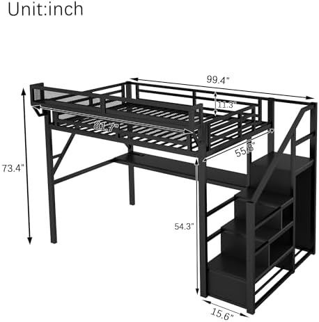 Full Size Metal Loft Bed Frame with Desk, Staircase, Built-in Storage Shelves and Wardrobe, Modern Loft Bed with Solid Slats, Guardrail, No Box Spring Required, Easy Assembly, for Bedroom, Black