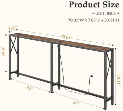 Gewudraw 70" Sofa Table Behind Couch with Oulets-Narrow Console Table,Brown