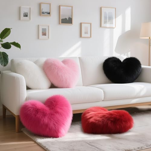 White Heart Pillow, Faux Fox Fur Heart Decorative Pillows, Heart Shaped Throw Pillow for Bed, Soft Fluffy Decorative Cushion for Chair Sofa Living Room - Plush Pillow Home Decor