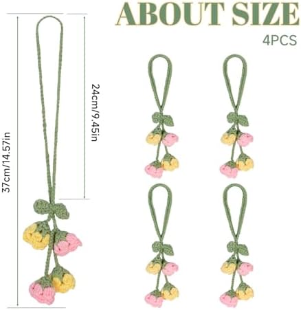 Flower Curtain Tiebacks, 4pcs Lily-of-The-Valley Curtains Holdbacks, Cute Curtain Holdbacks - No Drill Rope Holder, Drape Knitting Handmade for Nursery&Children's Room Decor (Pinkish/Yellow)