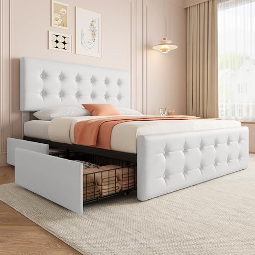 IDEALHOUSE Queen Size Bed Frame with 4 Storage Drawers and Headboard, White