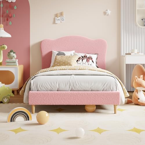 Garvee Upholstered Full Size Bed Frame for Kids with Scallop Headboard, Cute Velvet Full Bed for Girls, Boys, Sturdy Platform Bed, No Box Spring Needed, Wooden Slats, Noise Free, Pink