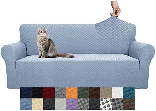 YEMYHOM Couch Cover Latest Jacquard Design High Stretch Sofa Covers for 3 Cushion Couch, Pet Dog Cat Proof Slipcover Non Slip Magic Elastic Furniture Protector (Large, Light Blue)