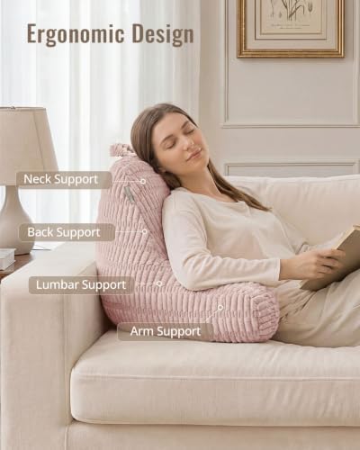 Blissful Diary Reading Pillow, Backrest Pillow with Shredded Memory Foam for Adult & Children, Designed for Bed and Couch Sitting Up, Includes Arms, Pockets and Washable Cover, Pale Pink