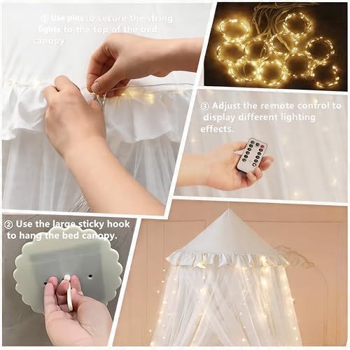 Princess Bed Canopy for Girls, Double Layer Canopy Fits Twin/Full Bed - Fairy Bed Tent for Kids Room Decor(with 250pcs Warm White Curtain Lights,White)