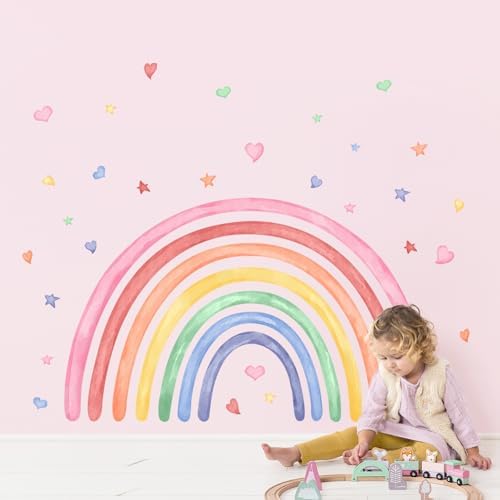 42" x 26" Rainbow Wall Decals Stickers for Girls Nursery Peel and Stick Watercolor Rainbow Hearts Stars Vinyl Wall Mural for Kids Toddlers Bedroom Playroom Classroom