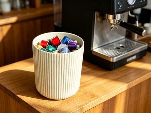 Large Stoneware Kitchen Utensil Holder for Kitchen Counter & Countertop Cooking Utensil Holder Spatula Holder Utensil Crock for Kitchen Counter Vertical Ribbed Fluted Stripe (Speckled Beige)