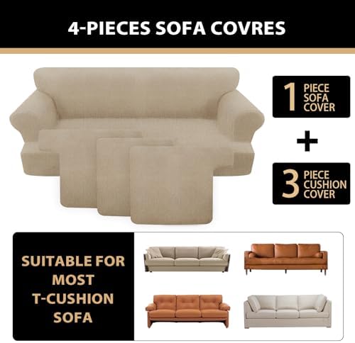 4 Piece T Cushion Sofa Slipcovers Stretch Couch Slip Cover for 3 Cushion Couch Sofa, Machine Washable for Living Room (Island Fossi, 3 Cushions)