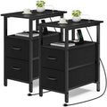 Vagusicc End Table with Charging Station Set of 2, Narrow Side Table, 23.8'' Tall Nightstand with 2 Drawers, Small Sofa Side Table Narrow Nightstand for Small Spaces, Living Room, Bedroom, Black