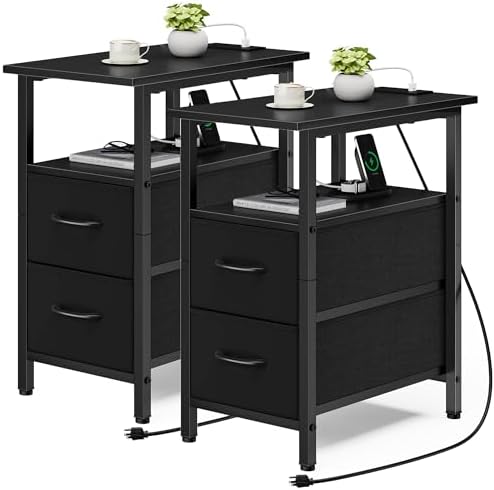 Vagusicc End Table with Charging Station Set of 2, Narrow Side Table, 23.8'' Tall Nightstand with 2 Drawers, Small Sofa Side Table Narrow Nightstand for Small Spaces, Living Room, Bedroom, Black