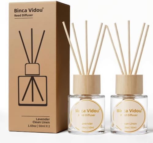 Reed Diffuser Set Lavender & Linen Natural Scent Theme Oil Diffusers with Sticks for Home Office Bathroom Aromatherapy Decor 1.69oz x 2