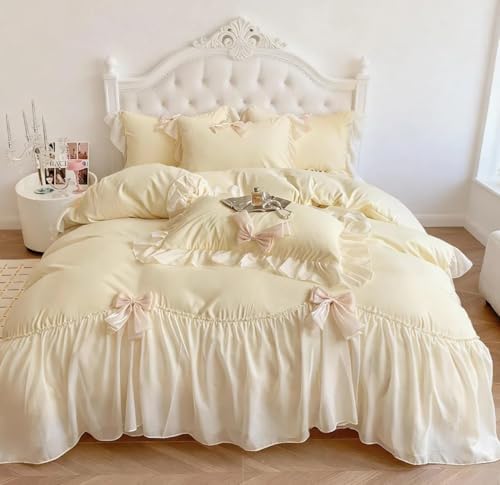 IHOUSTRIY Duvet Cover Full Size, Ruffle Beddding Set with Bowtie, 3 Pieces Comforter Cover Set with Zipper Closure, Girl Princess Bedding with Pillowcase - Cream Yellow, Full