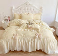 IHOUSTRIY Duvet Cover Full Size, Ruffle Beddding Set with Bowtie, 3 Pieces Comforter Cover Set with Zipper Closure, Girl Princess Bedding with Pillowcase - Cream Yellow, Full