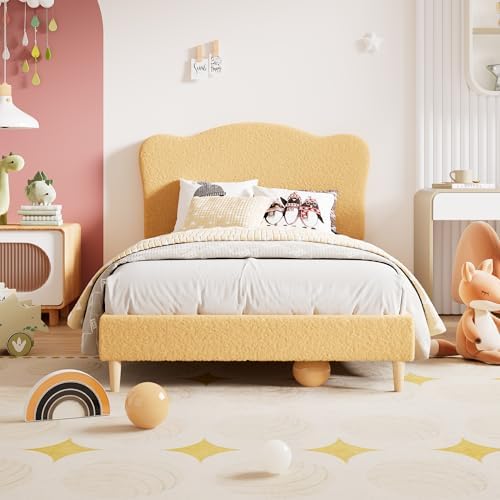 Garvee Upholstered Twin Size Bed Frame for Kids with Scallop Headboard, Cute Velvet Twin Bed for Girls, Boys, Sturdy Platform Bed, No Box Spring Needed, Wooden Slats, Noise Free, Yellow
