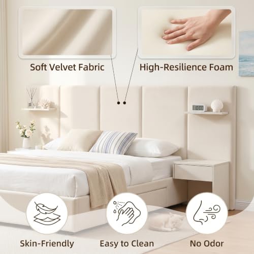 Queen Size Bed Frame with Storage & Built-in Nightstands & Drawers, Beige